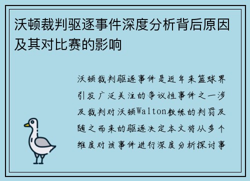 沃顿裁判驱逐事件深度分析背后原因及其对比赛的影响