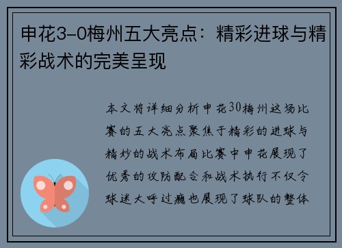 申花3-0梅州五大亮点：精彩进球与精彩战术的完美呈现