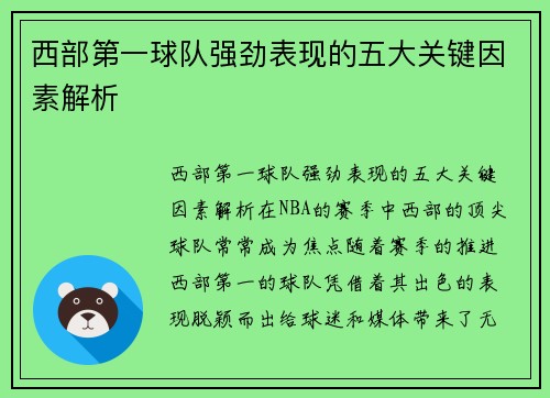 西部第一球队强劲表现的五大关键因素解析