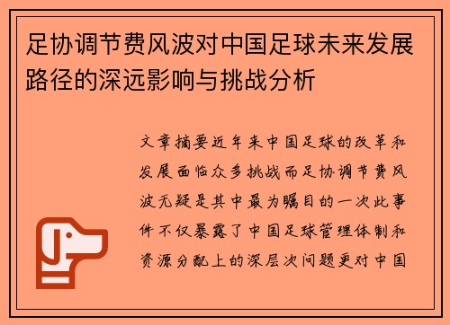 足协调节费风波对中国足球未来发展路径的深远影响与挑战分析