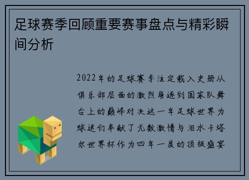 足球赛季回顾重要赛事盘点与精彩瞬间分析